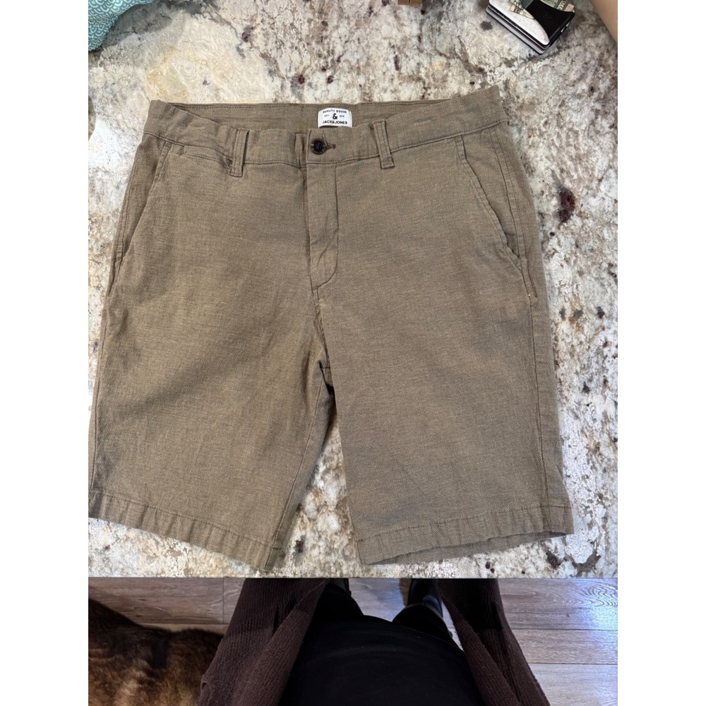 Jack & Jones Mens Khaki Brown Textured Flat Front Chino Shorts Regular Fit sz 34